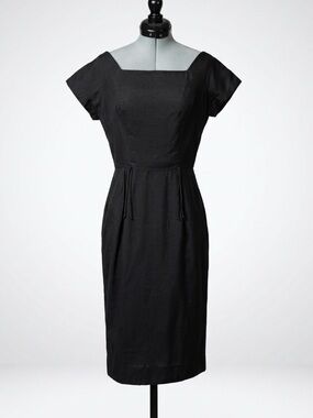 Vintage 50s Square-Neck Sheath Midi Dress, black, XS/S, EUC